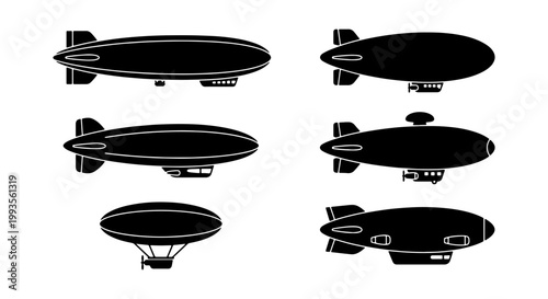 Vintage airship silhouette collection, set of 6 dirigible and blimp vector icons, retro zeppelin aircraft illustrations for aviation history projects