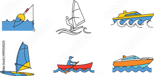 Boating and water sport illustration set with fishing float, sailboat, speed boat, windsurfing and rowing boat vector nautical icons