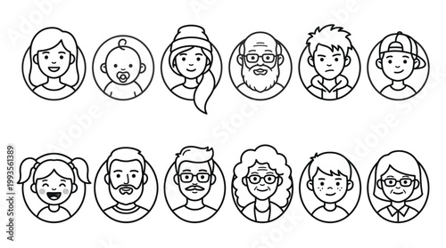 Diverse collection of line art avatars depicting people of various ages and genders, representing different generations and family members.