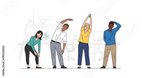 Colleagues stretching at their office desks during a work break for health, wellness, and ergonomics, vector illustration, Neurodiversity and Inclusive Mental Health Vector