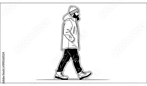 Walking bearded man silhouette vector winter jacket urban lifestyle side view