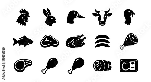 Butcher shop meat icons set, 15 black farm animal and protein vector symbols, organic livestock and poultry silhouettes for restaurant menu