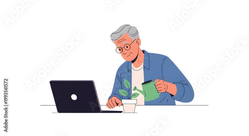 Senior man with gray hair and glasses watering a small potted plant seedling on a table with an open laptop, smiling, vector illustration, Neurodiversity and Inclusive Mental Health Vector A side view