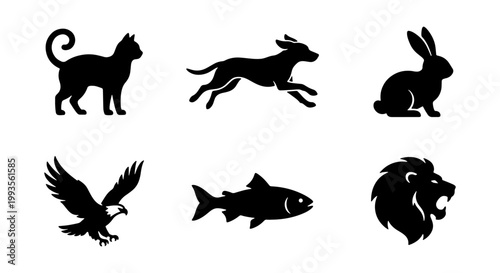 Minimalist animal silhouettes set, black vector icons of cat dog rabbit eagle fish and lion, wildlife and pet graphic elements for logos