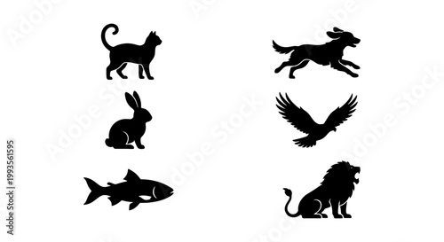 Minimalist animal silhouettes set, black pet and wildlife icons, collection of 6 vector animal shapes including cat, dog, rabbit, bird, fish, and lion