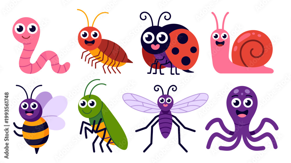 Obraz premium Vibrant collection of cute cartoon insects and garden creatures