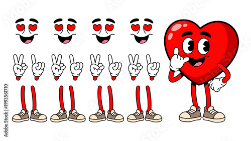 Retro rubber hose heart character mascot with interchangeable parts for playful and expressive graphic design layouts
