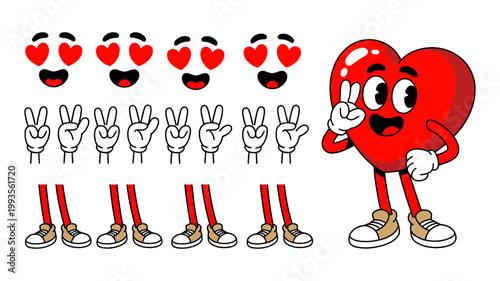 Rubber hose style heart character mascot with interchangeable legs and hands showing peace sign for creative graphic projects