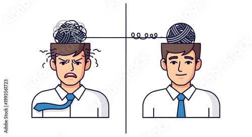 Two-panel comparison of a man with stressful tangled yarn and calm organized yarn in his head, symbolizing mental clarity, vector illustration, 