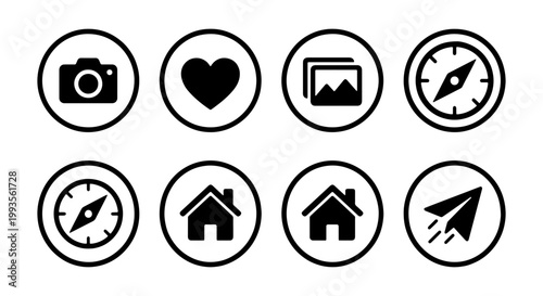 Minimalist black and white social media icons, set of 8 circular vector UI elements, modern web navigation symbols for mobile apps and digital interfaces