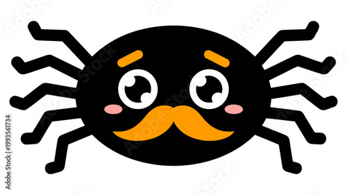 Cute cartoon black spider with orange mustache and blushing cheeks