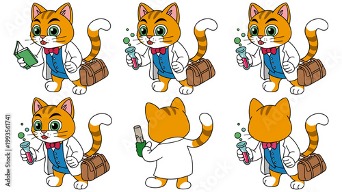 Cute orange cat scientist character in lab coat performing experiments for educational and creative design assets
