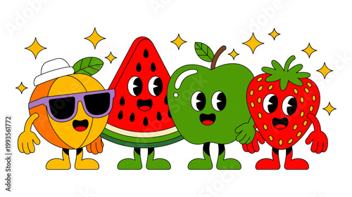 Group of happy anthropomorphic fruit characters featuring peach watermelon apple and strawberry