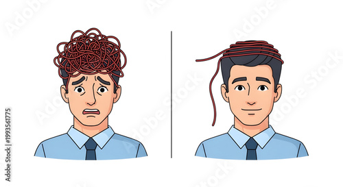 Transforming Anxiety into Calm Focus, Stressed and Peaceful Businessman with Red Coil Vector Illustration, Shows frontal comparison of a businessman, Neurodiversity and Inclusive Mental Health Vector