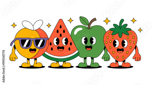 A group of cartoon fruits with faces and sunglasses appear to be having fun together.