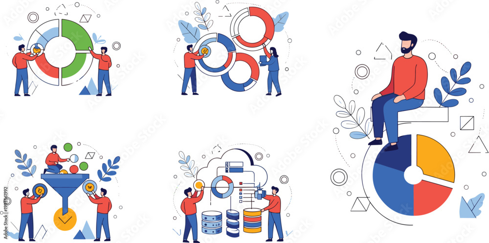 Fototapeta premium Business data analysis and teamwork vector set with charts, diagrams, cloud storage and financial statistics illustration