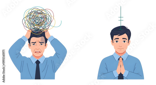 Overcoming Stress through Calm Reflection, Vector Illustration of Stressed Man finding Peace,  two frontal views of a businessman, comparing, Neurodiversity and Inclusive Mental Health Vector