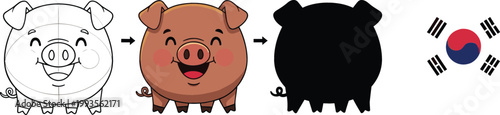 Cartoon pig coloring page with colored example and silhouette, kids educational drawing activity with South Korea flag illustration vector design set