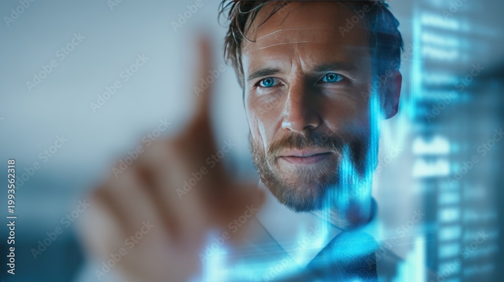 Obraz premium Man interacts with futuristic data