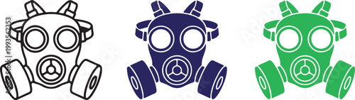Colorful gas mask icons in black, blue, and green