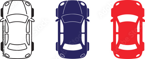 Overhead view of cars in black, blue, and red