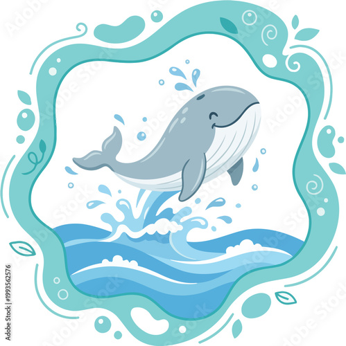 Cute cartoon whale breaching in stylized ocean waves with marine life, breaching