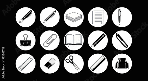 Stationery Icons Set: Pens, Pencils, Paper, Scissors, Ruler, Inkwell