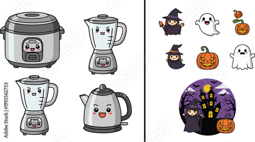 Cartoon kitchen appliances with cute faces and Halloween characters illustration set, blender, rice cooker, kettle and spooky festive elements vector collection