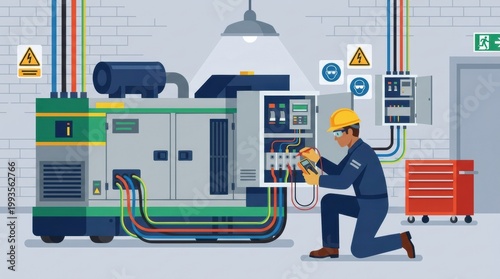 Electrician Inspects Backup Generator and Electrical Systems in a Facility With Safety Signs Present