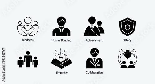 Teamwork and Business Icons: Kindness, Human Bonding, Achievement, Safety, Empathy, Collaboration