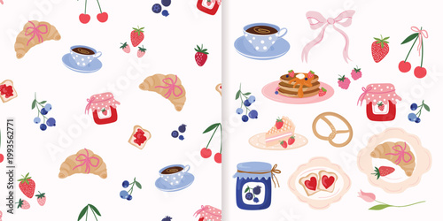 Coquette breakfast set with seamless pattern and elements, croissant, fresh fruits, decorative whimsical wallpaper, spring summer background