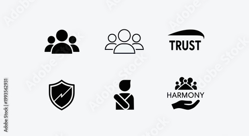 Teamwork and Trust Icons: People, Shield, Harmony, Trust