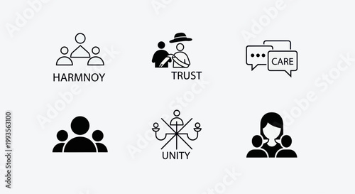 Teamwork Icons: Harmony, Trust, Care, Unity, Collaboration, Community