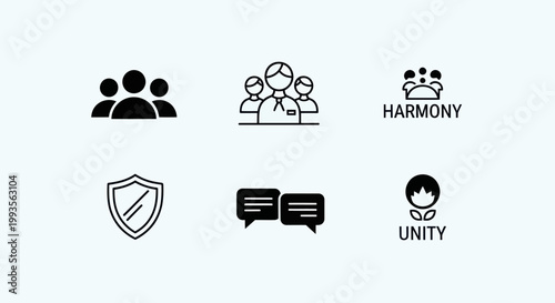 Teamwork icons: people, harmony, security, communication, unity