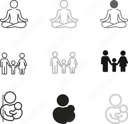 Simple vector icon set of people and families showing love, yoga poses, and everyday human connections