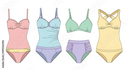 Collection of colorful swimwear for women and girls.