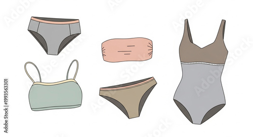 Collection of womens swimwear and undergarments in pastel colors.