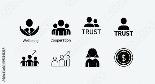 Teamwork, Cooperation, Trust, Growth, and Wellbeing Icons