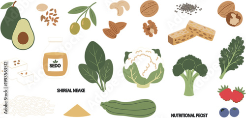 Healthy food ingredients vector set with avocado, nuts, seeds, vegetables and superfoods, organic nutrition and clean eating illustration