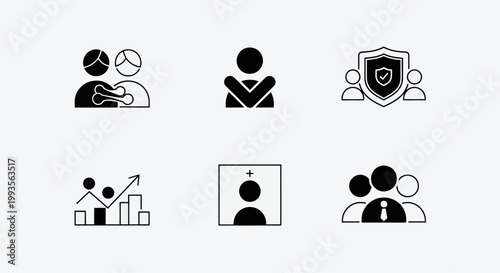 Teamwork, Security, Success, and Identity Icons: Business and Collaboration Symbols