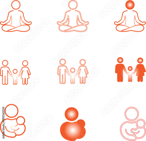 Simple vector icon set of people and families showing love, yoga poses, and everyday human connections