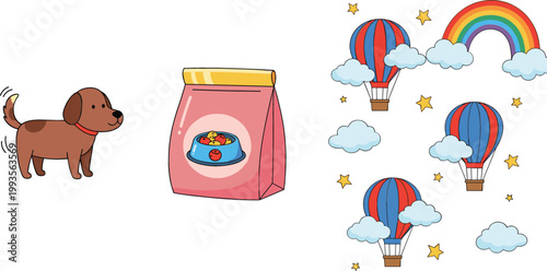 Cartoon dog, pet food bag and hot air balloons with rainbow illustration set, animals, travel and sky elements vector collection for kids design