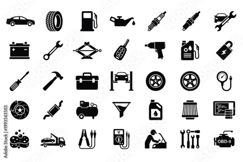 A vector silhouette collection of 30 unique icons related to car maintenance and garage tools .eps