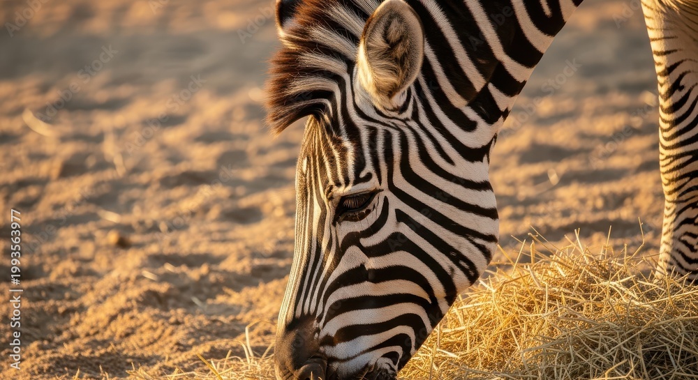 Fototapeta premium Zebra grazes on dry hay during a sunny afternoon in the savanna.
