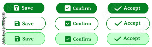 Clean Green and White Minimal E-commerce UI Button Set with Save Confirm Accept Actions, Simple Modern Rounded Interface Elements, Easy to Use Flat Design Icons Collection, Isolated