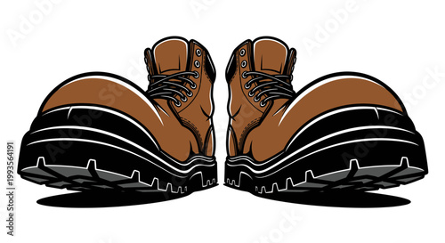 Cartoon style brown heavy-duty work boots illustration, rugged safety footwear with thick soles, perfect for construction and outdoor labor.