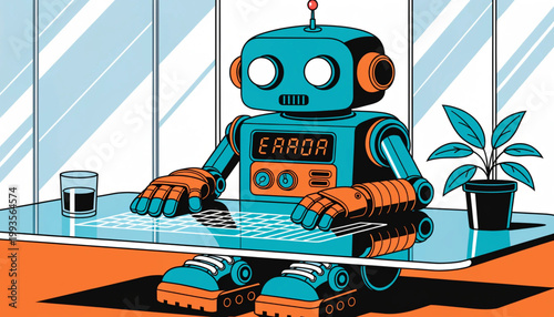 Cute Blue Retro Robot Working at Computer with Error Screen Message | Concept of Technology Failure, Debugging, and IT Support Illustration