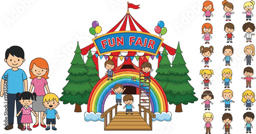 Cartoon family, kids characters and fun fair carnival scene illustration set with rainbow stage and diverse children avatars vector collection for design