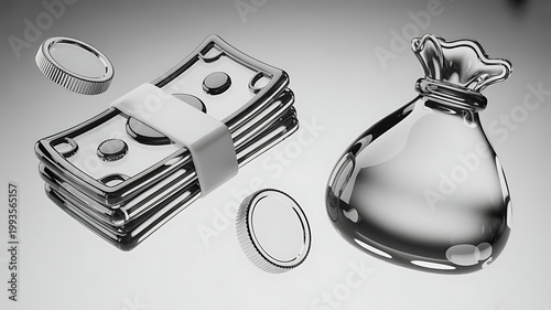 Set 3D Glass cash, coins, and money bag icon isolated on transparent background, concepts for wealth, banking, investment, and financial growth. Liquid Glass design icon. 3D rendering