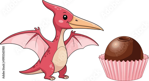 Cute cartoon pterodactyl dinosaur and chocolate candy illustration set, prehistoric animal character and sweet dessert vector design for kids collection
